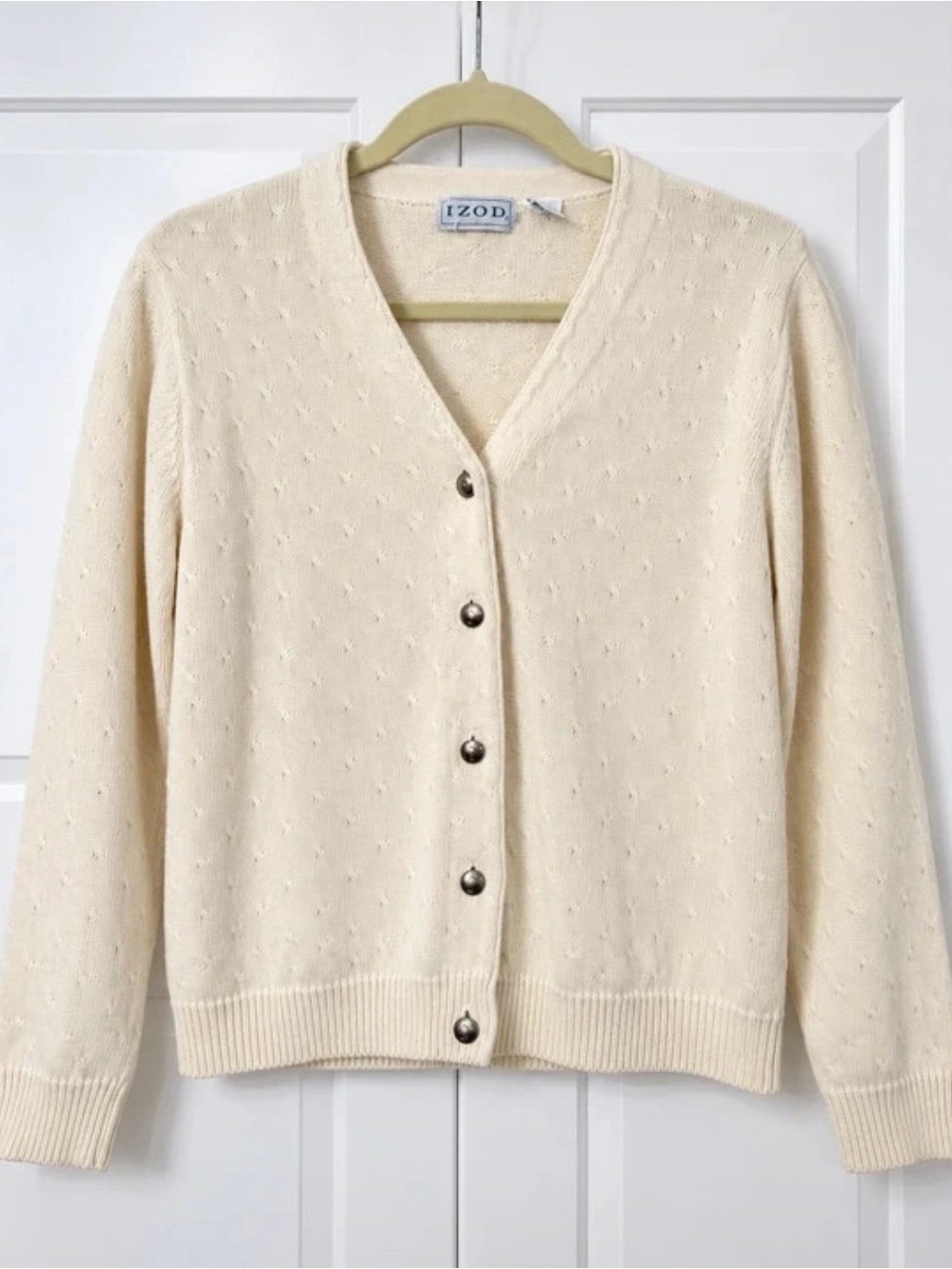 Izod Ivory Pointelle Button-Front V-Neck Cardigan